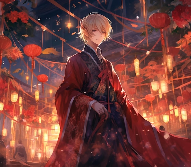Photo anime style image of a man in a red kimono standing in a courtyard generative ai