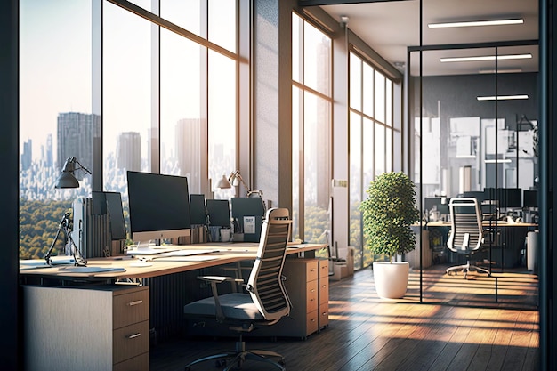 Photo interior of empty office with glass partitions in loft style and view of city and park