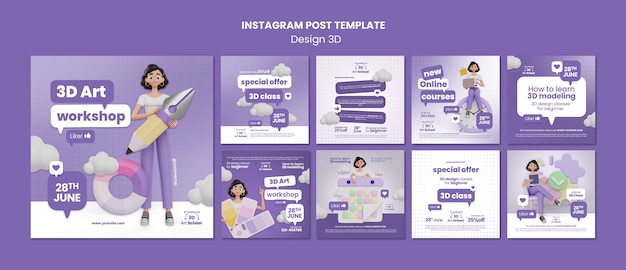 Free PSD learning 3d design instagram posts template