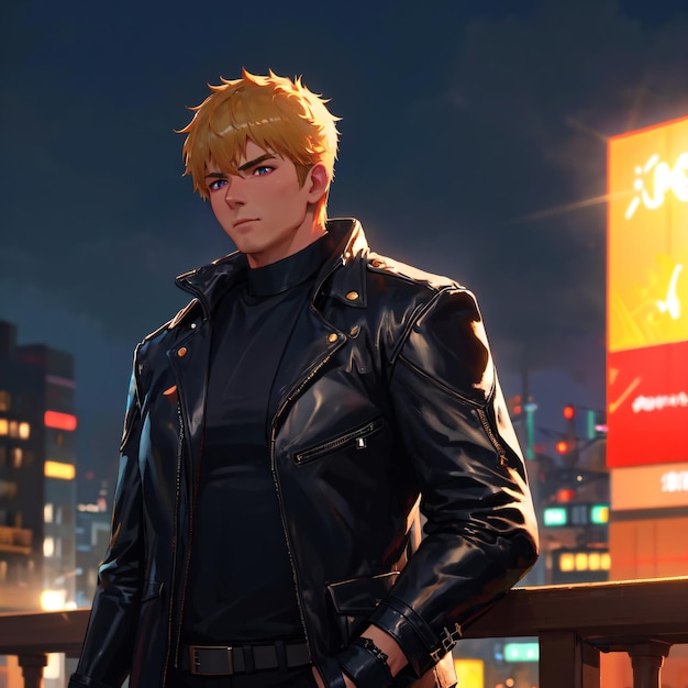 Photo a man in a black leather jacket stands in front of a billboard