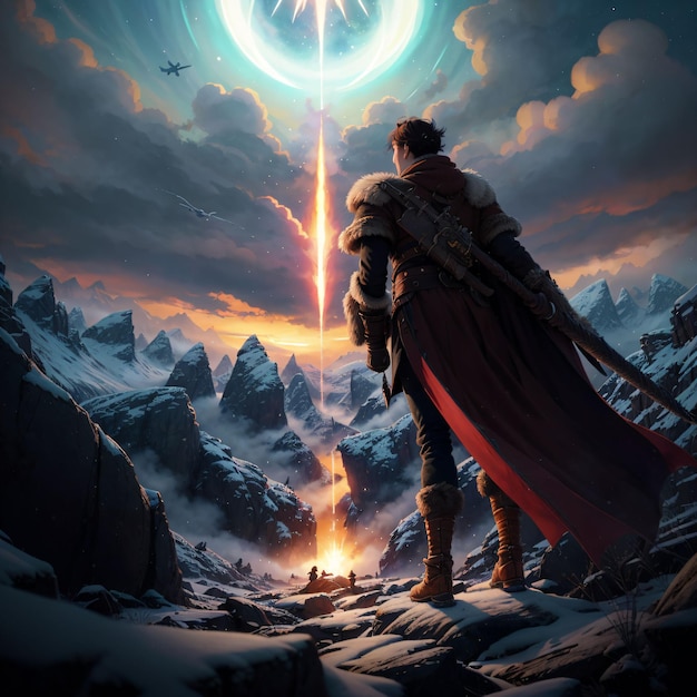 Photo a man in a cloak stands on a mountain with a star in the sky.