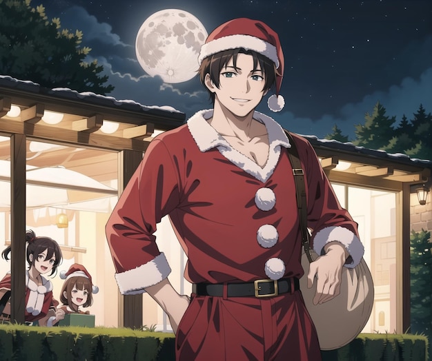 Photo a man in a santa claus costume stands in front of a house with a full moon in the background.
