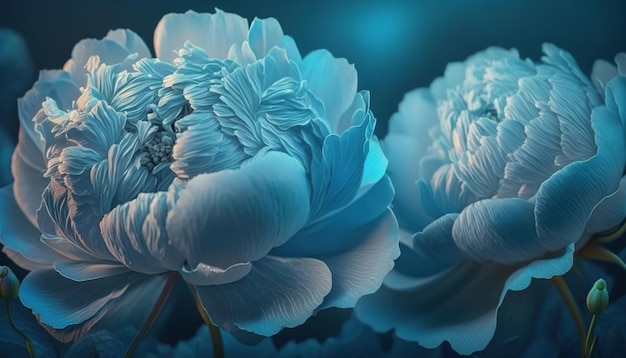 Spectral light illuminates transparent bright blue colored peonies abstract flower art generative ai