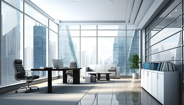 Photo white office room interior with glass wall and city view in the background generative ai